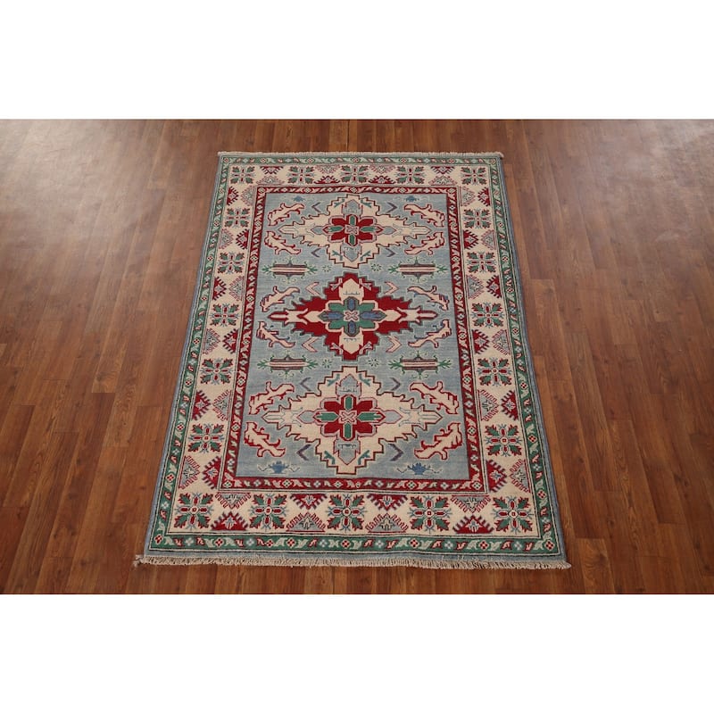Light Blue Oriental Kazak Area Rug Handmade Wool Carpet - 4'0" x 5'11"