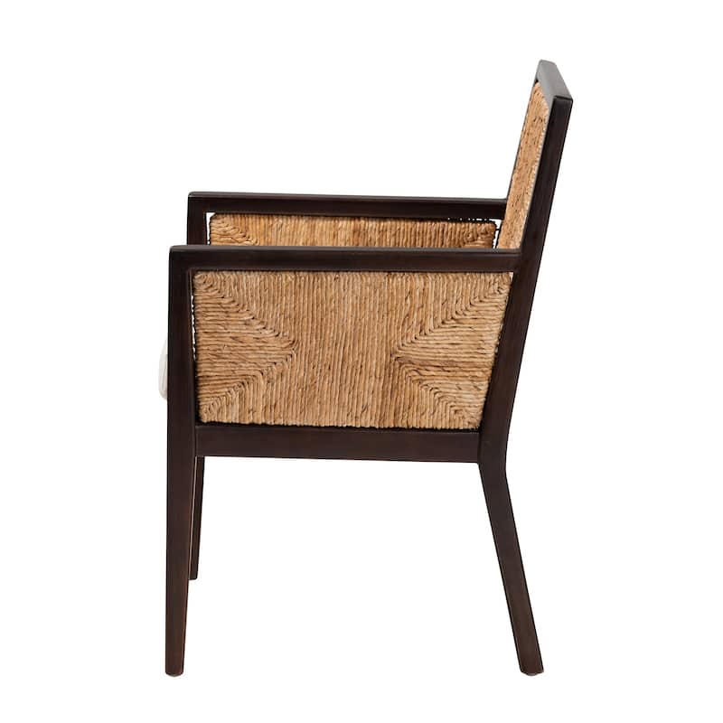 Joana Modern Bohemian Dark Brown Mahogany Wood and Natural Abaca Dining Arm Chair