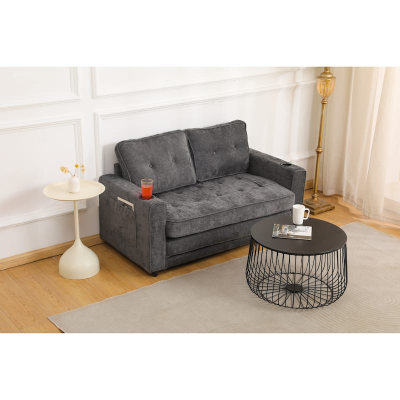 Sofa Bed with Pull-Out Straps, Velvet Sleeper Sofa with Side Storage Bags, Convertible Lounge Chaise Loveseat Daybed