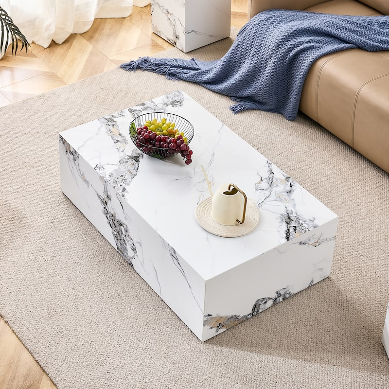 White Faux Marble Coffee Table for Living Room, Rectangular Center Tables Modern Tea Table for Home Office, Wood End Table - White