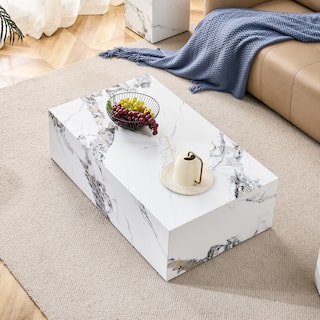 White Faux Marble Coffee Table for Living Room, Rectangular Center Tables Modern Tea Table for Home Office, Wood End Table