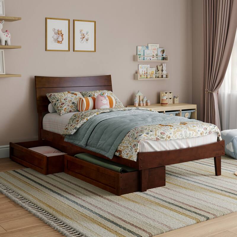 Phoenix Wood Platform Bed with Storage Drawers - Walnut - Twin