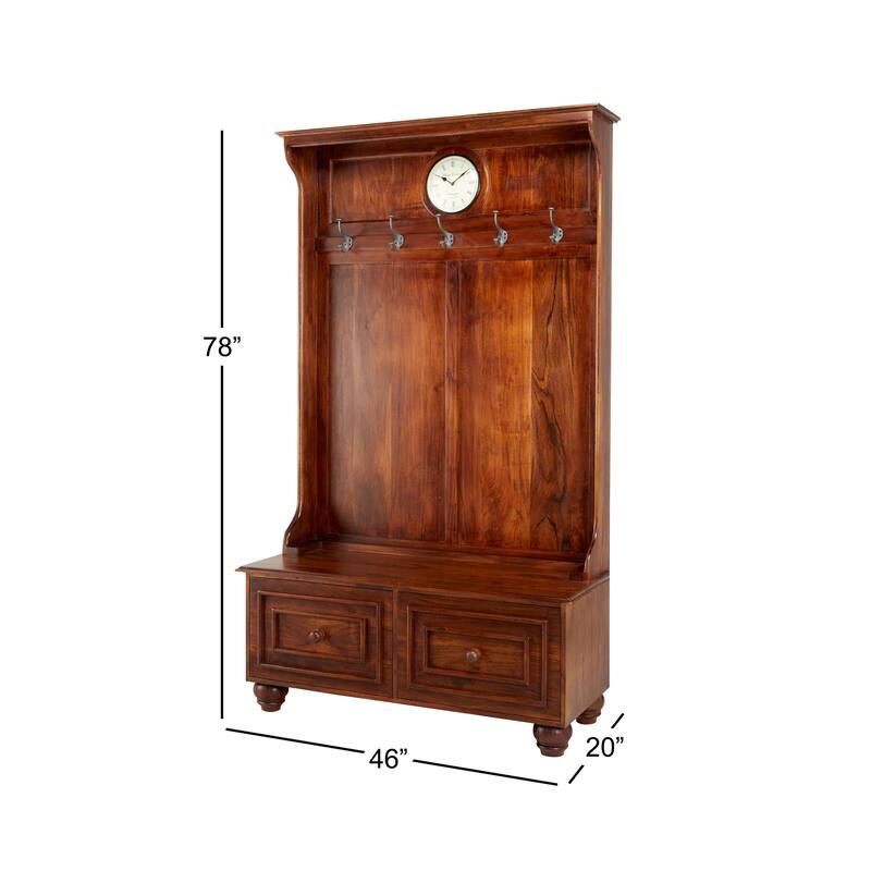 Brown Wood Large Tall Bench Storage 5 Hook and 2 Drawer Freestanding Coat Rack with Cream Clock