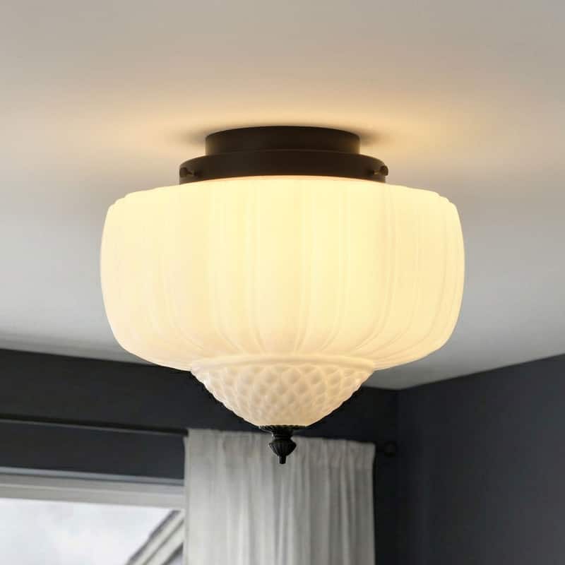 Modern Black Flush Mount Ceiling Light with White Glass Shade Iron Fixture for Living Room Bedroom Hallway