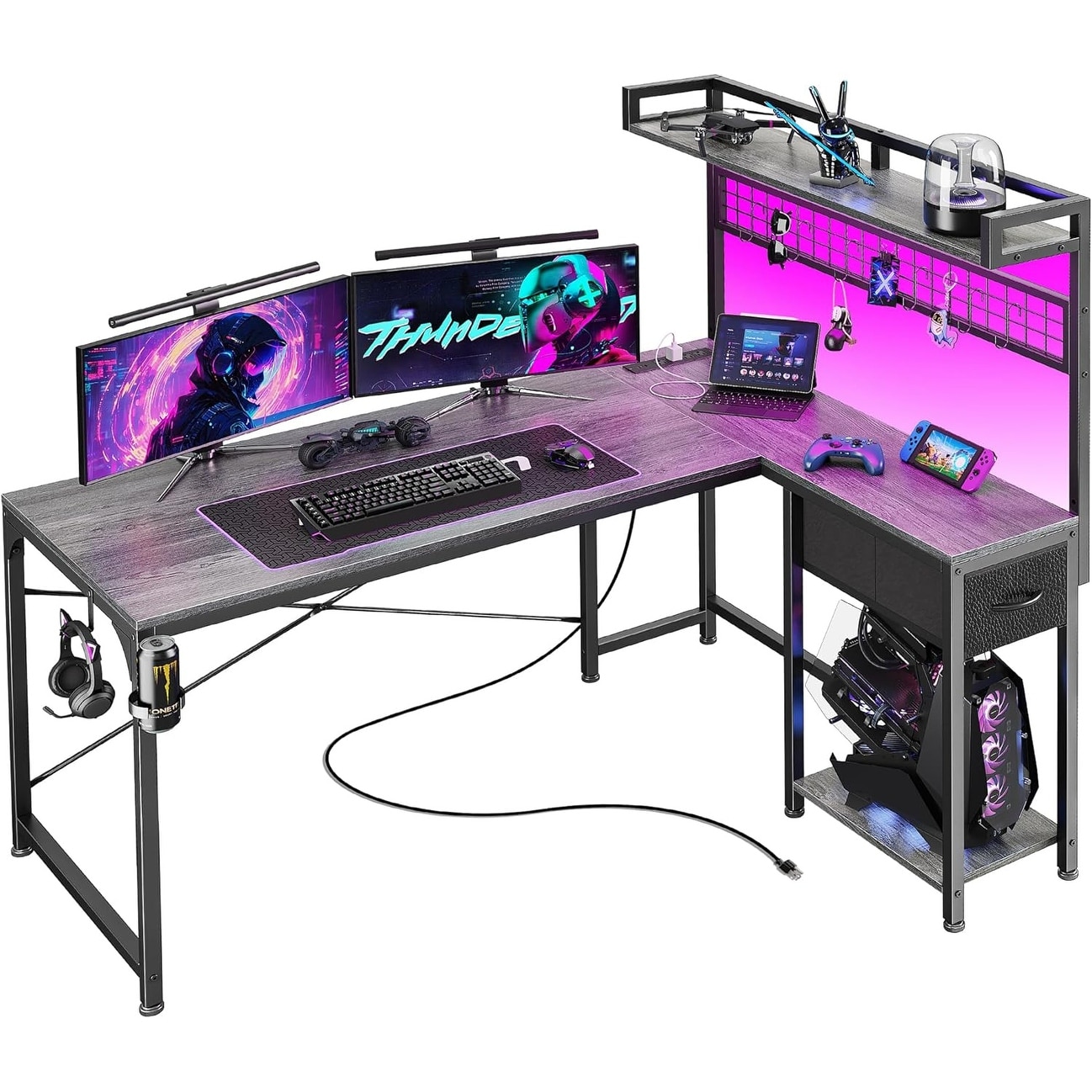 50 Inch L-Shaped Gaming Desk with LED Lights, Power Outlets, USB-C Ports, Reversible Corner Desk, Grey