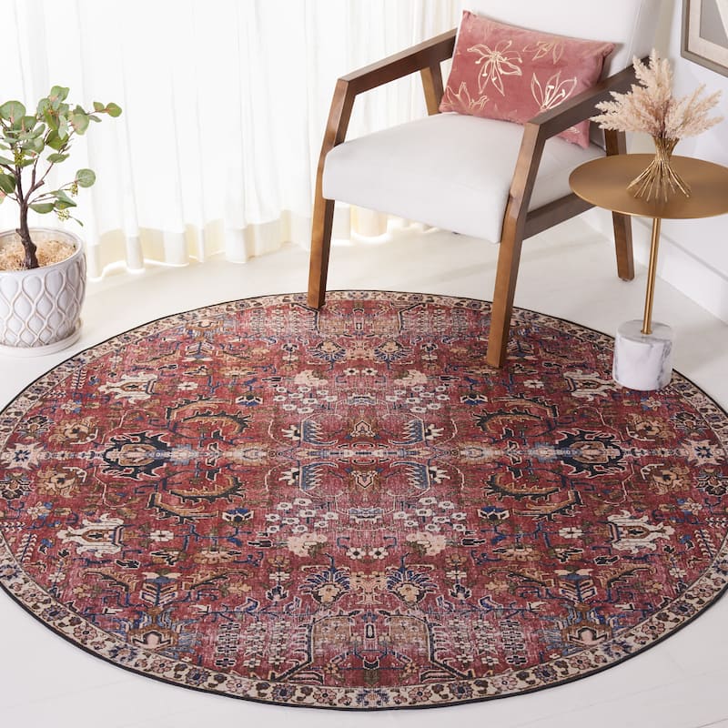 SAFAVIEH Tucson Machine Washable Slip Resistant Loula Oriental Distressed - 8' x 8' Round - Red/Beige - Round