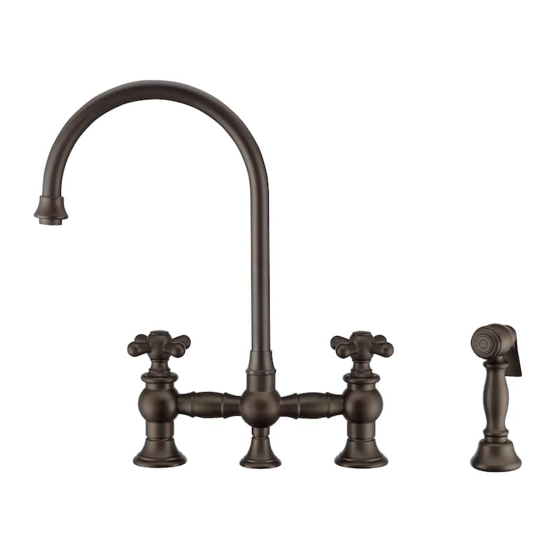 Vintage III Plus Bridge Faucet with Gooseneck Swivel Spout, Cross Handles and Solid Metal Side Spray - Oil Rubbed Bronze