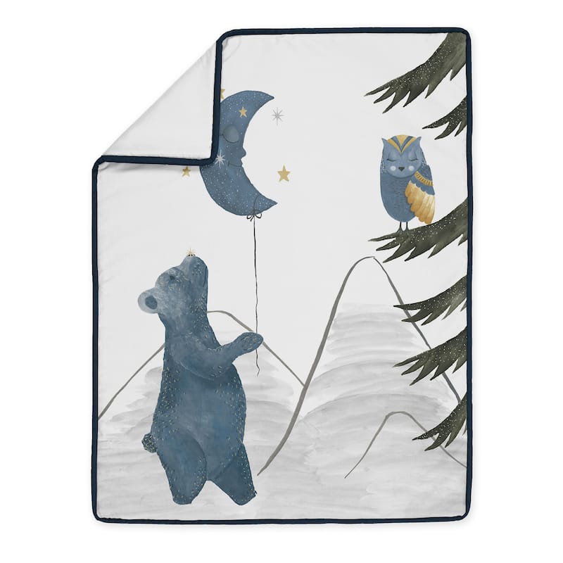 Woodland Bear and Owl Boy or Girl 4pc Nursery Crib Bedding Set - Navy Blue Grey Gold Black Celestial Moon Star Watercolor Forest