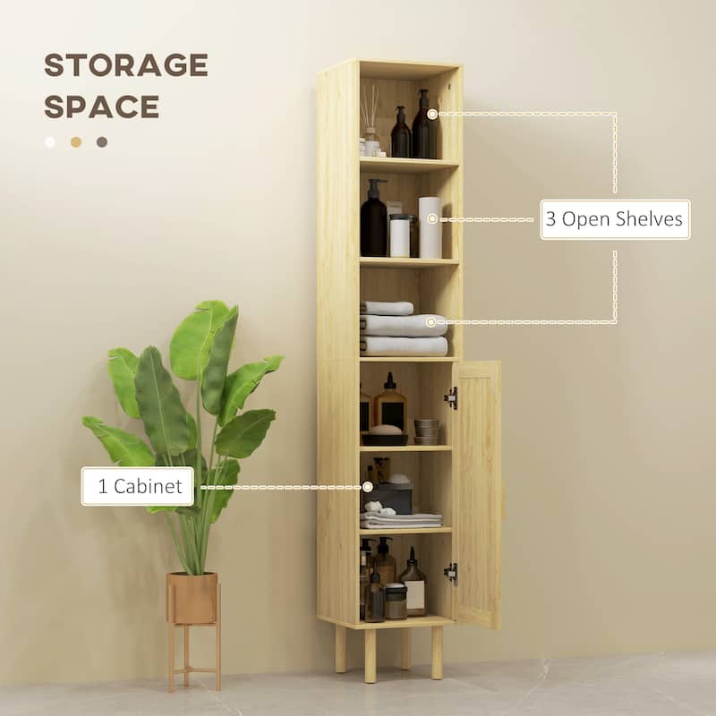 Rattan Bathroom Cabinet with Adjustable Shelf and Open Shelves - 12.6" W x 11.8" D x 66.9" H