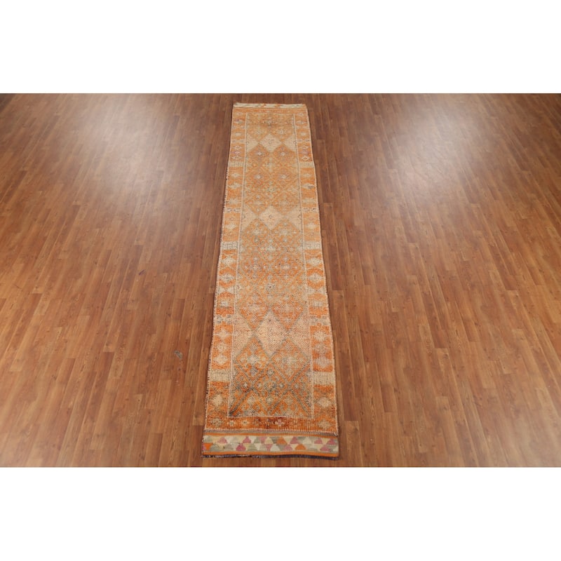 Geometric Oushak Oriental Vintage Runner Rug Handmade Wool Carpet - 2'6"x 8'0"