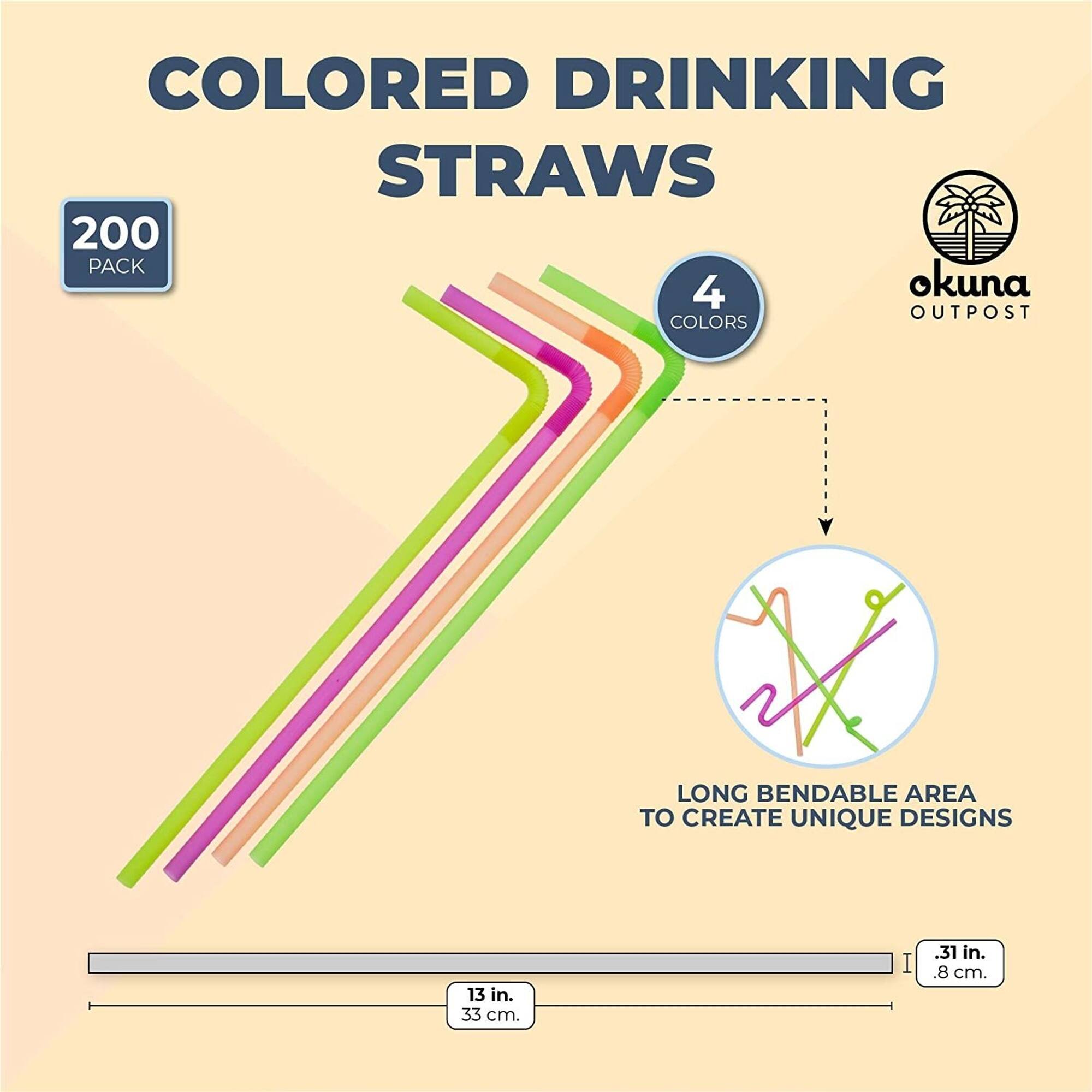 Plastic Drinking Straws, Single Use Bendable Straws (4 Colors, 13 In