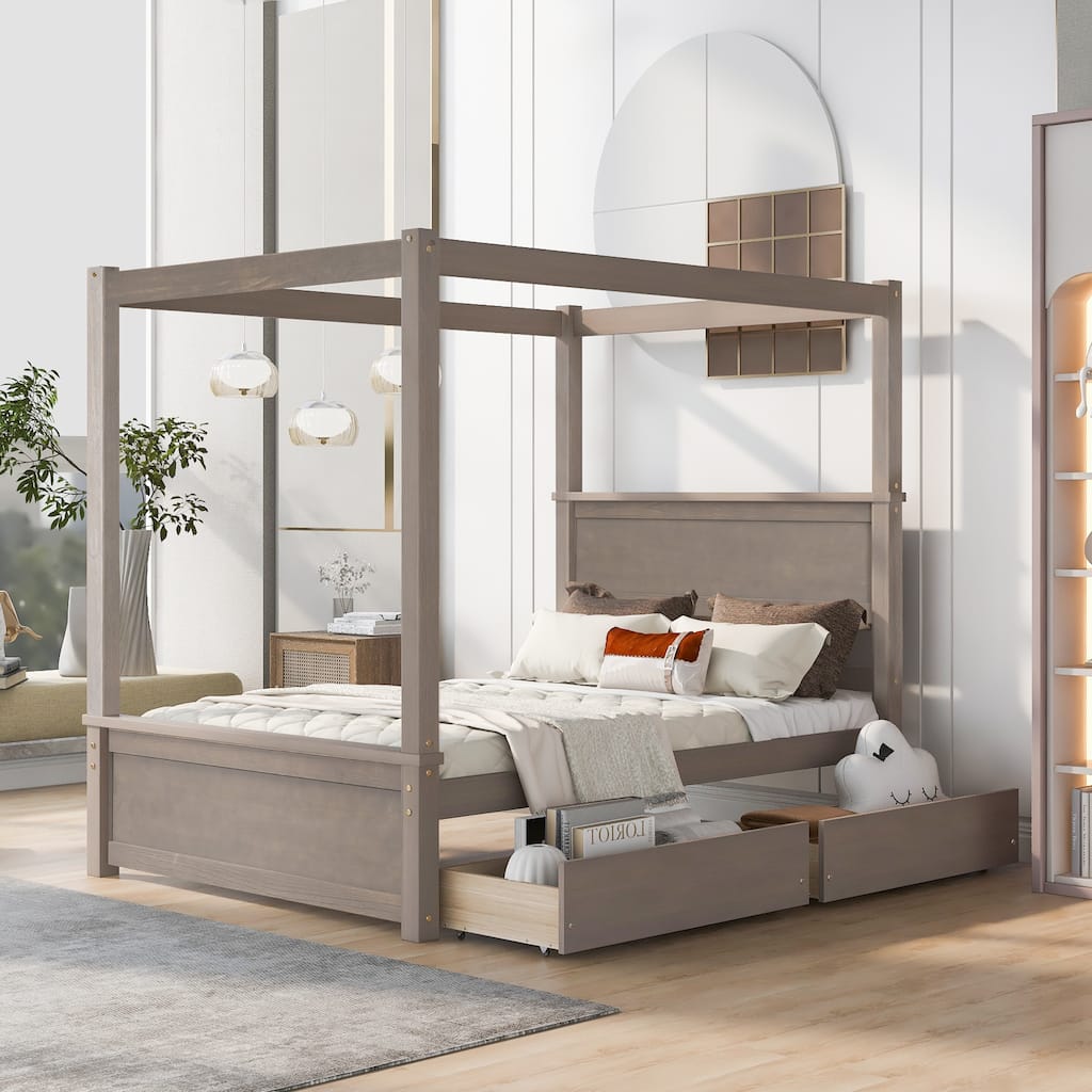Full Canopy Bed with Drawers and Customizable Design, Space-Saving Wooden Frame