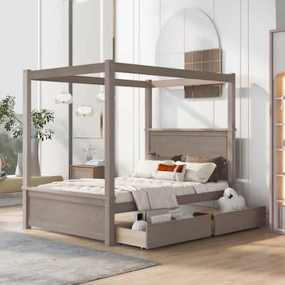 Pine Wood Canopy Platform Bed with 2 Drawers