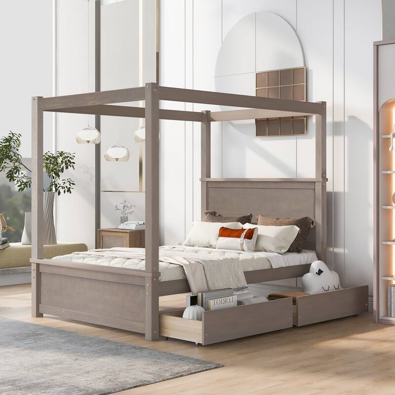 Wood Canopy Bed with two Drawers, Canopy Platform bed With Support Slats .No Box Spring Needed
