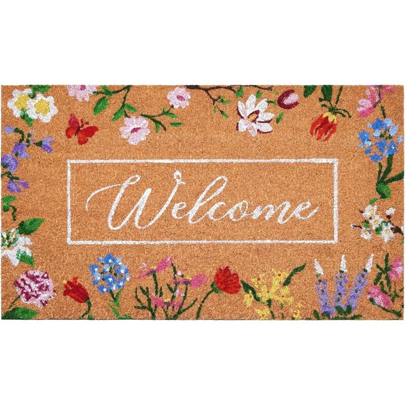 HomeRoots 24" X 36" Brown White And Green Floral Welcome Outdoor Coir Door Mat - 24.00' X '36.00