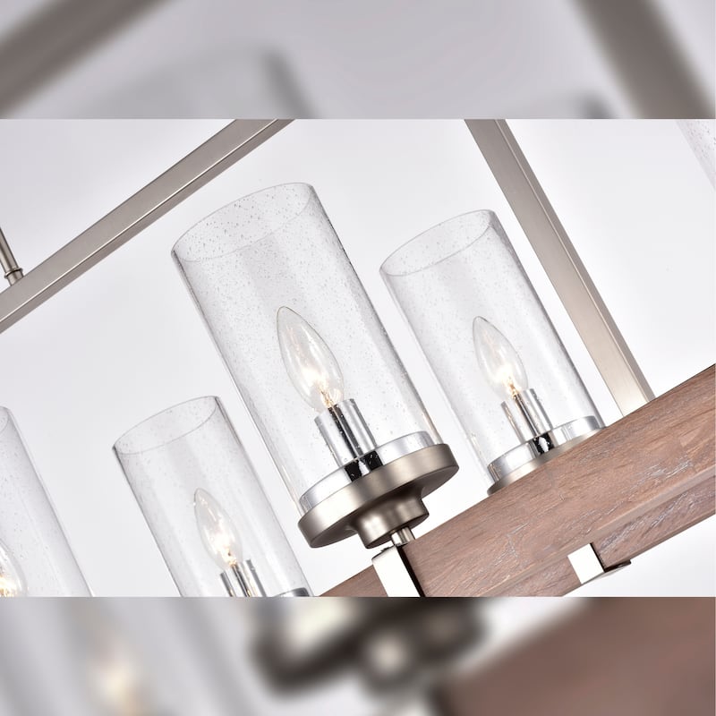 Wood and Metal 6-light Linear Chandelier with Seeded Glass Shades Nickel / Driftwood