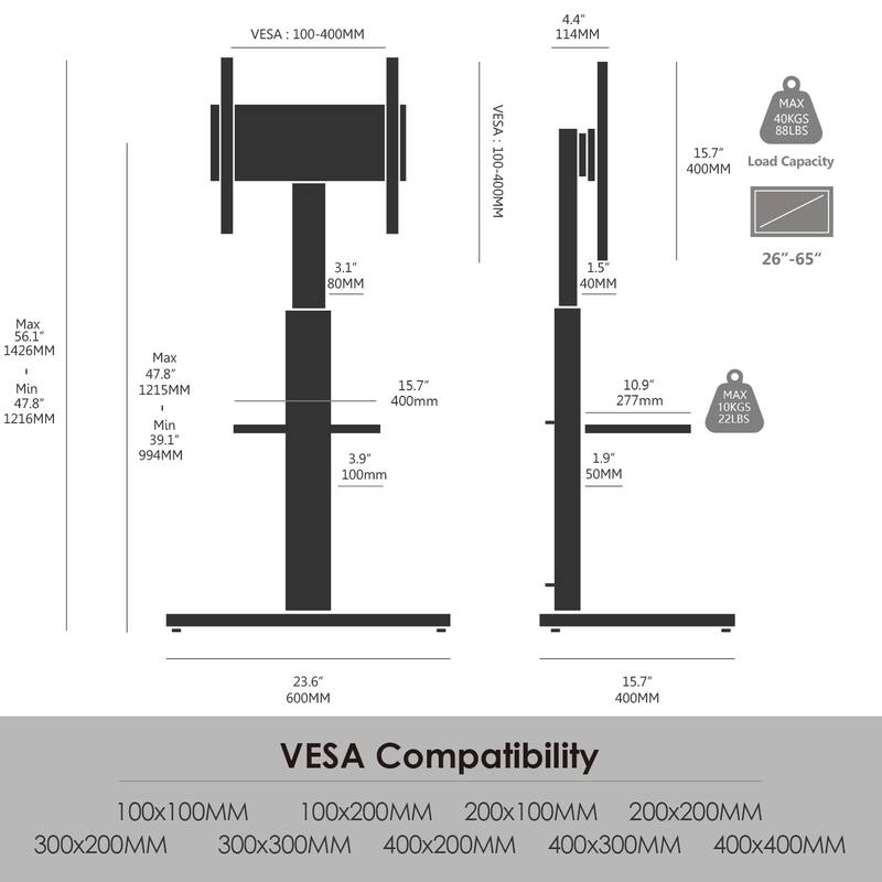 FITUEYES Modern Floor Metal Base TV Stands for 26-65 inch TVs, with One Shelf