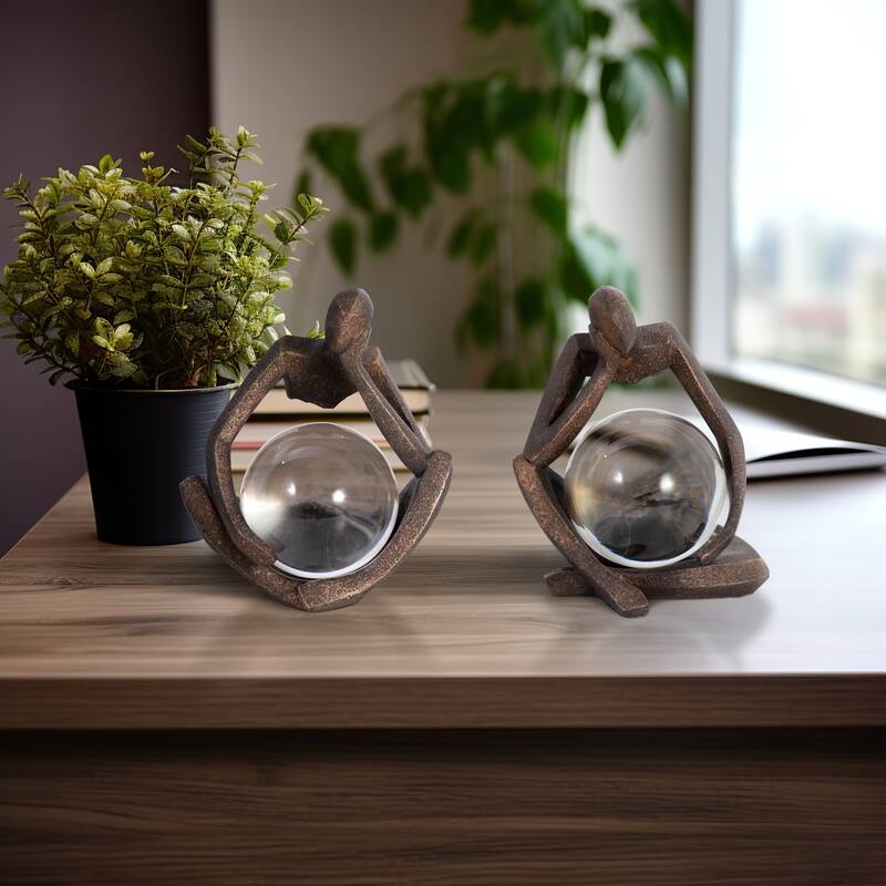 Sagebrook Home 8" Aracar Bronze Statuary With Cyrstal Sphere, Set of 2 - 7" x 6" x 8" - Black - 7" x 6" x 8"