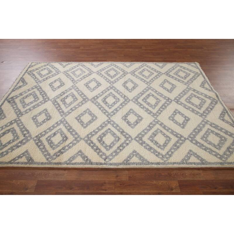 Hand Knotted Oriental 100% Wool Carpet Modern Geometric Beige & Ivories Moroccan Area Rug - 7' 8'' X 5' 3''