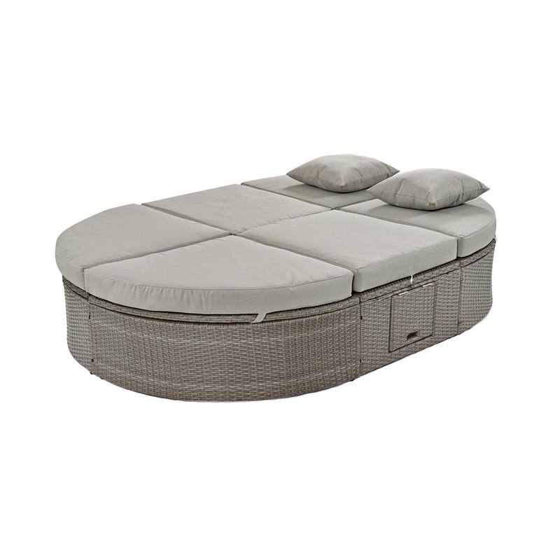 Rattan Patio Daybed with Cushions, Reclining Chaise Lounge, Foldable Trays
