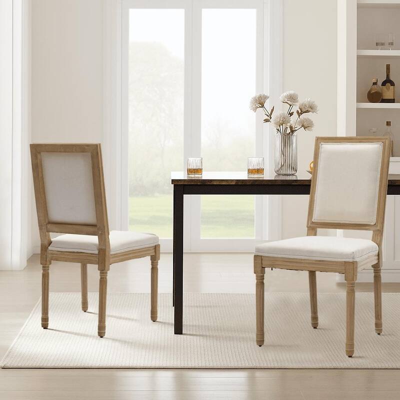 Elegant French Style Set of Two Linen Upholstered Dining Chairs with Solid Rubberwood Frame Legs - Beige