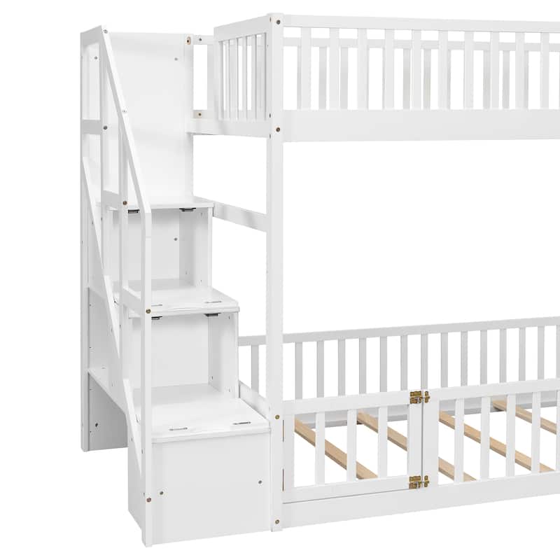 Twin Over Twin Floor Bunk Bed Frame with Storage Stairs and Door