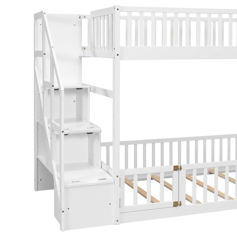 Twin Over Twin Wood Bunk Bed with Reversible Storage Stairs by Harper&Bright Designs.