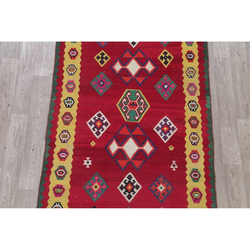 Hand Woven Oriental 100% Wool Carpet Southwestern Geometric Red Kilim Runner Rug - 8' 7'' X 4' 5''