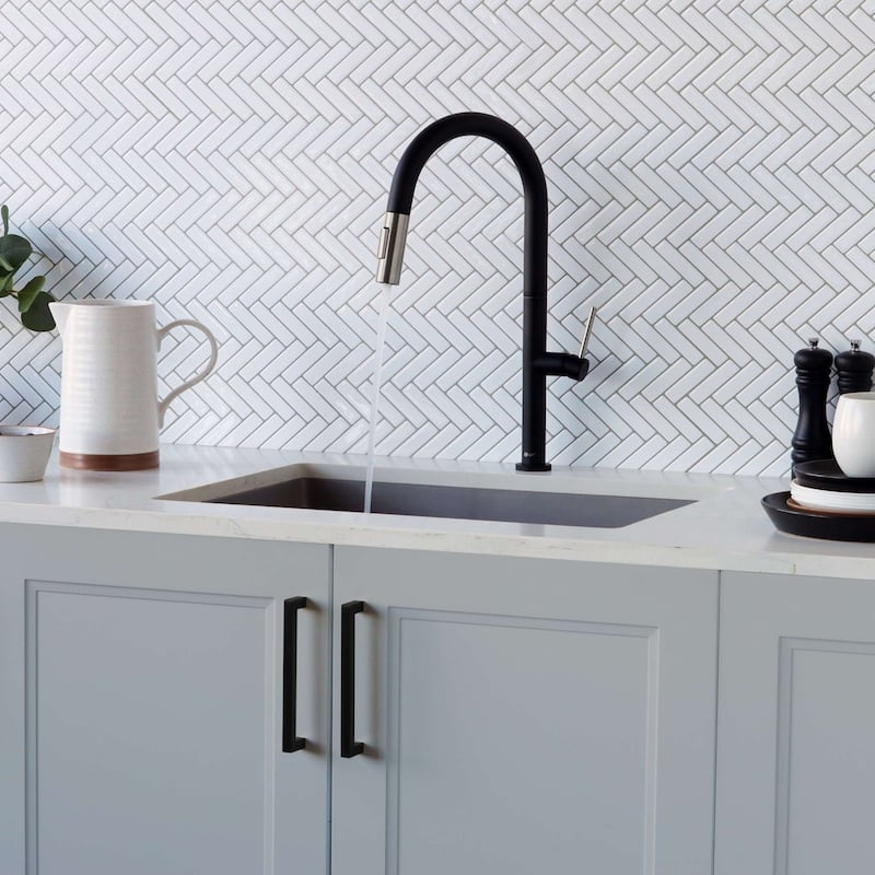 Single Handle Pull-Down Sprayer Kitchen Faucet K-141 - Height: 17.25" Spout H: 9" Spout R: 9" - Matte Black & Brushed Stainless Steel