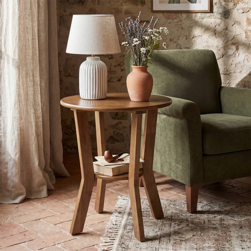 Round Farmhouse End Table with Shelf for Bedroom & Living Room