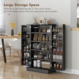 Kitchen Pantry Storage Cabinet with Adjustable Shelves and Side Racks, Buffet Cabinet Sideboard with Anti-Tip Wall Strap
