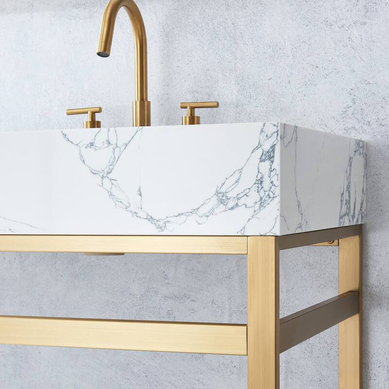 Ecija Bath Vanity, Metal Support with Composite Stone Top and Mirror