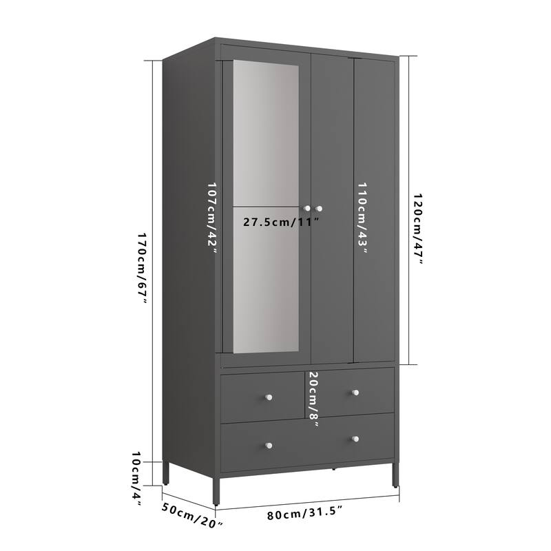 Metal Armoire Wardrobe Closet with 2 Drawers,Mirror Door and Hanging Rod