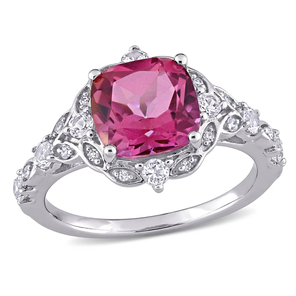 Miadora 10k White Gold Cushion-cut Pink Topaz White Sapphire and Diamond Accent Vintage Ring