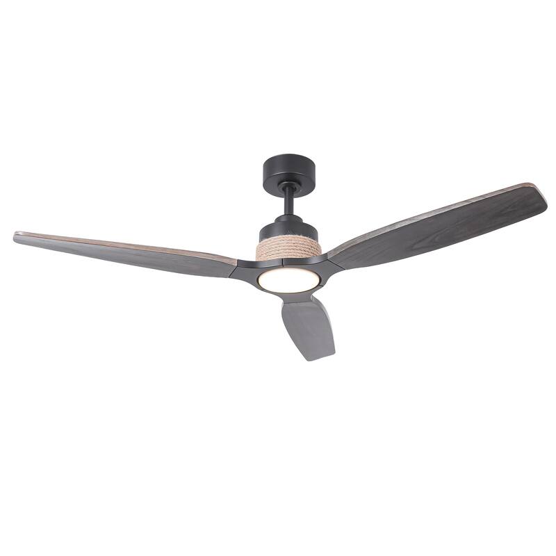 Parrot Uncle 56" Transition Black Solid Wood Jute 3CCT LED Ceiling Fan with Light and Remote