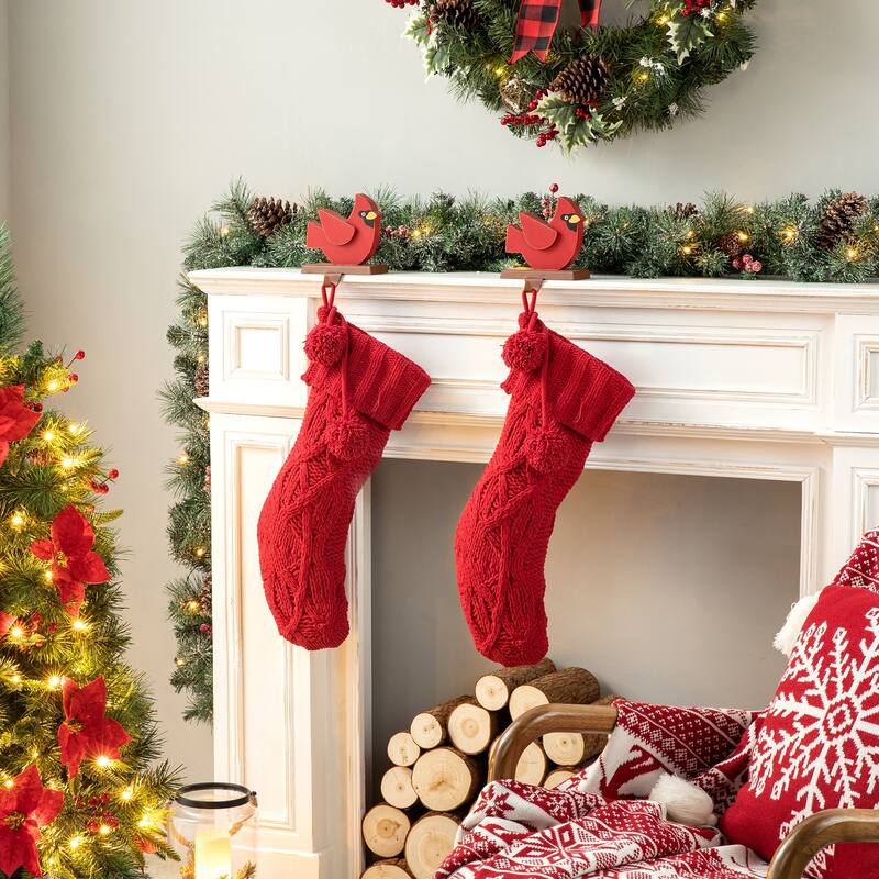 Glitzhome Set of 2 Knitted Christmas Stocking White or Red with Pom Pom Ball