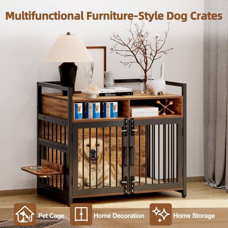 Heavy Duty Dog Crate Kennels Storage Furniture With Adjustable Raised Feeder