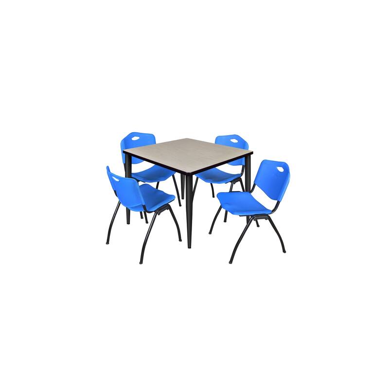42 in. Square Breakroom Table- Maple Top, Black Base & 4 M Stack Chairs- Blue