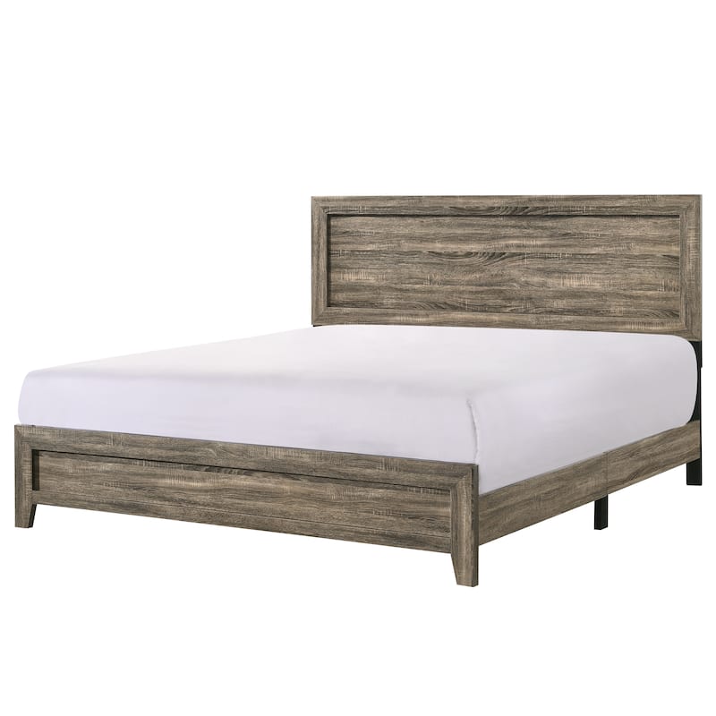 King Size Wood Panel Bed with Contemporary Fabric Headboard