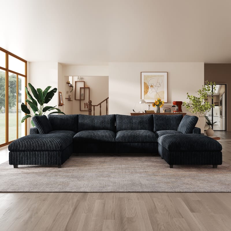 157.48'' Cloud Modular Sectional Sofa Oversized U-Shaped Striped Plush Couch for Living Room Set - Black