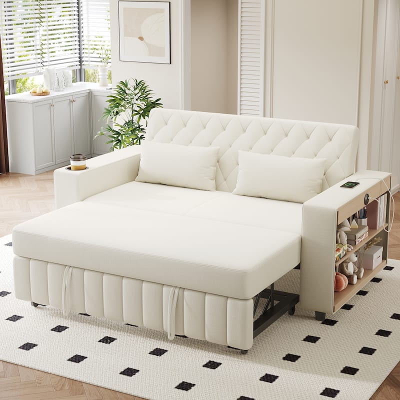 Transformable Chenille Fabric Sofa Bed with Adjustable Tufted Backrest, USB Ports, and Ample Storag - Beige