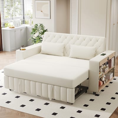 Transformable Chenille Fabric Sofa Bed with Adjustable Tufted Backrest, USB Ports, and Ample Storag