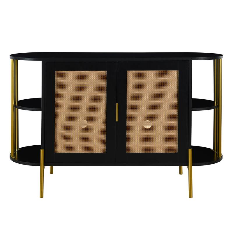 Curved Black Sideboard with Woven Rattan Doors and Open Storage - Black
