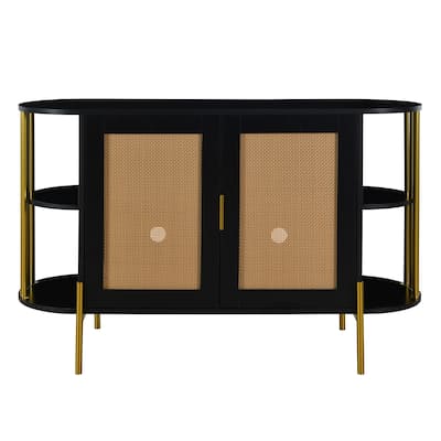 Curved Black Sideboard with Woven Rattan Doors and Open Storage
