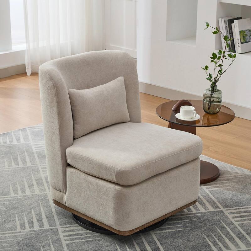 25.2" Wide Modern Chenille Cushioned Armless Metal Base 360° Swivel Chair with Pillow