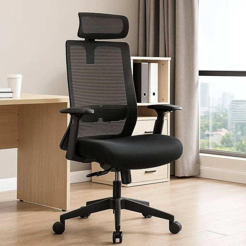 Rolling Office Chair with Headrest, Black Mesh, Foam, Swivel Seat