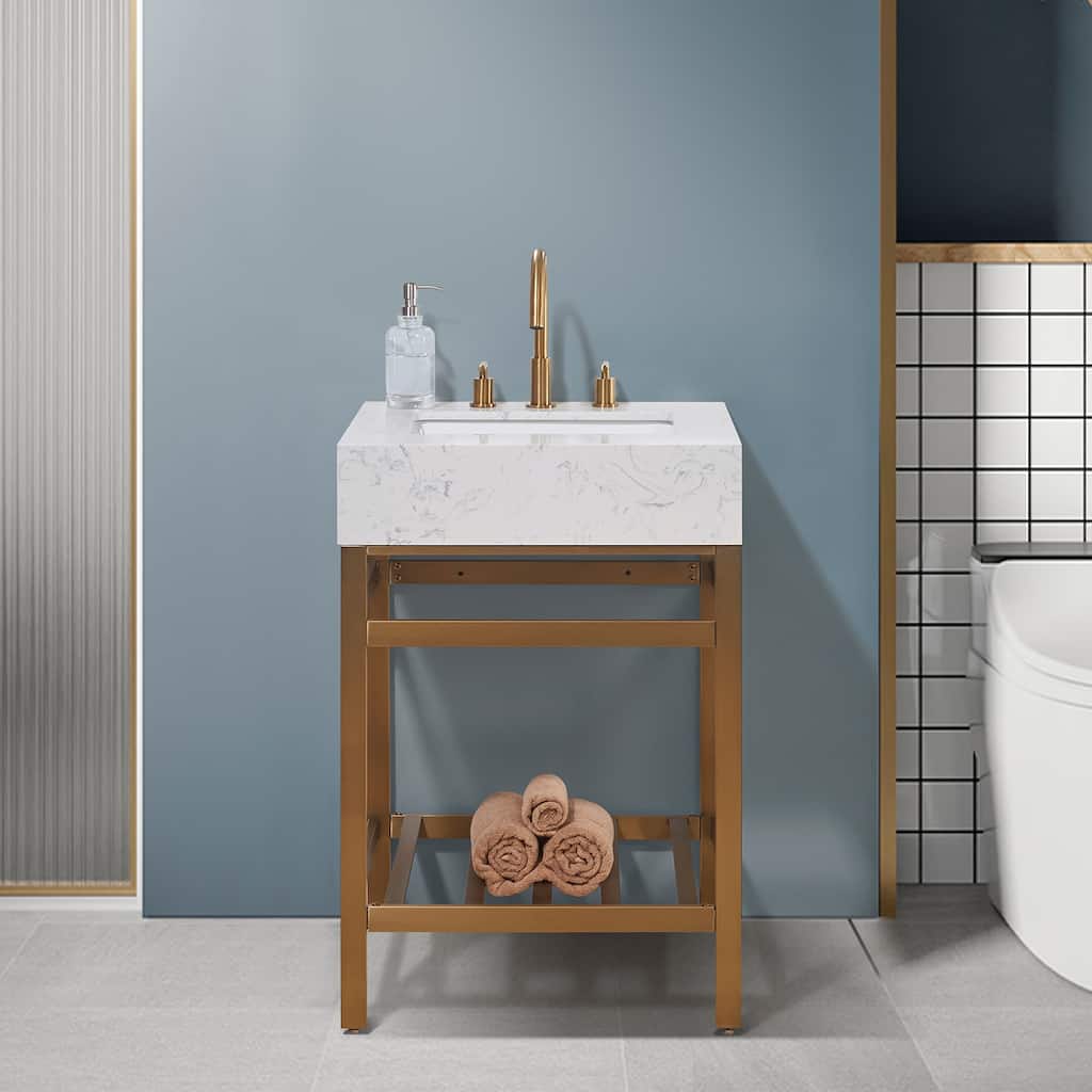 Altair Merano Stainless Steel Vanity Console with Stone Countertop, no Mirror