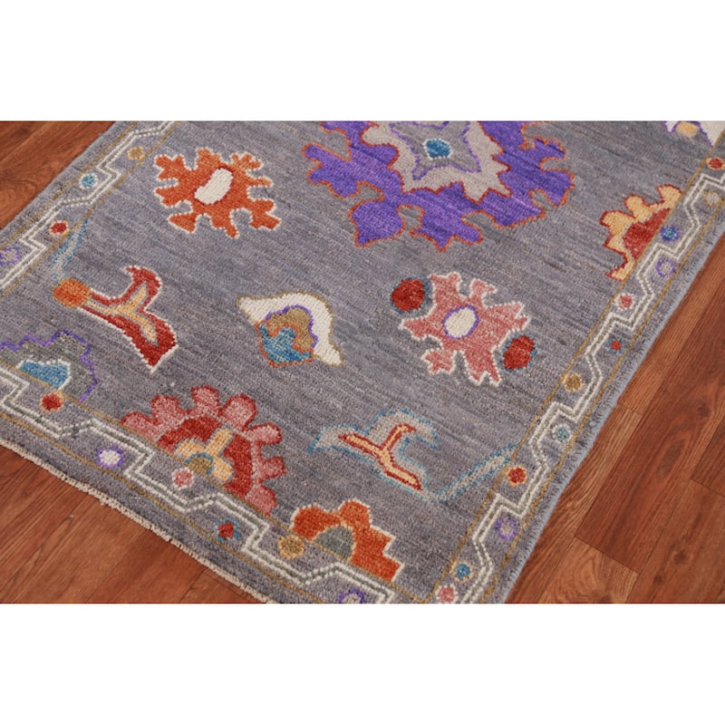 Hand Knotted Oriental 100% Wool Carpet Transitional Floral Greys & Charcoal Oushak Runner Rug - 9' 10'' X 2' 8''