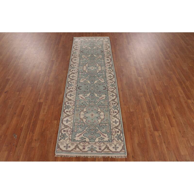 Turquoise Green Oushak Indian Runner Rug Hand-Knotted Wool Carpet - 2'8"x 8'5"