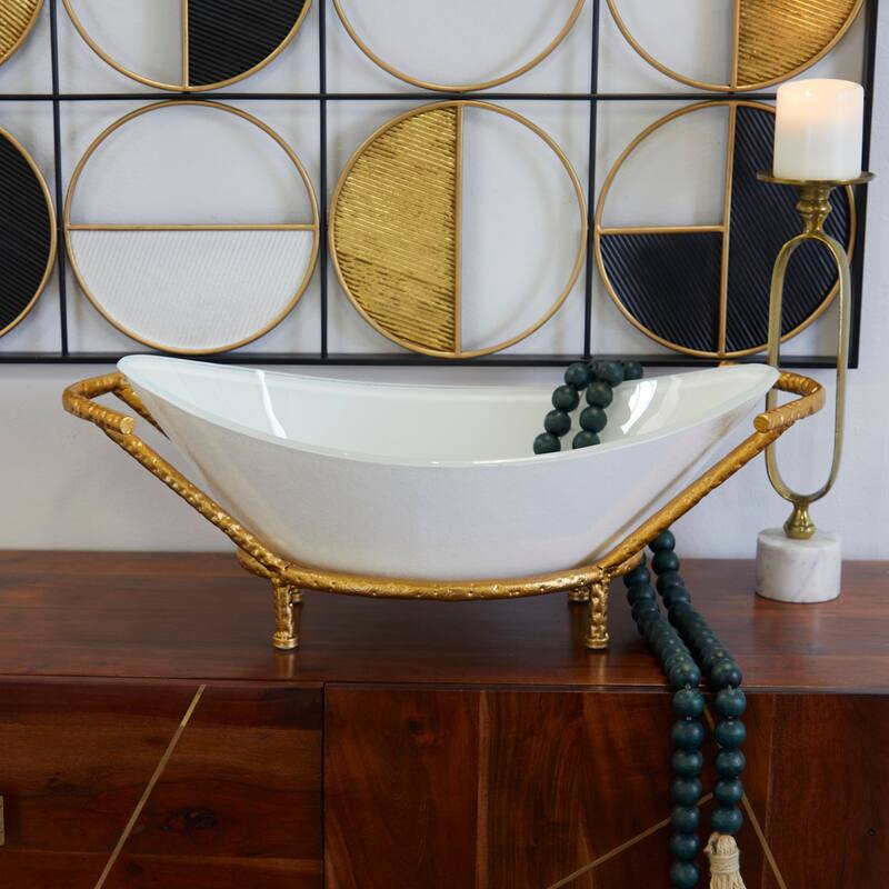 CosmoLiving by Cosmopolitan Glass Kitchen Serving Bowl with Gold or Brown Metal Stand and Ring Feet - Clear or White